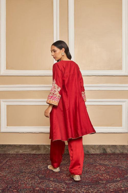 MEHRISH - DEEP RED SHORT KALIDAAR CHOGA WITH SALWAR (RTS)