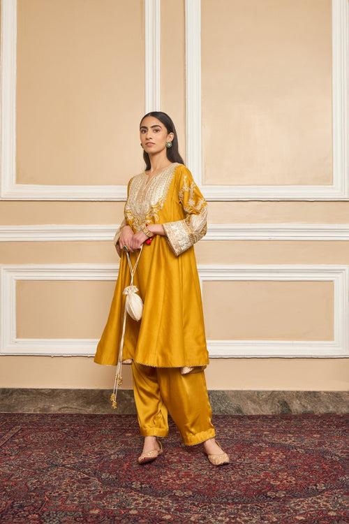 SHRADDHA GURUNG IN MOHSINA - GLAZE MUSTARD SHORT KALIDAAR CHOGA WITH SALWAR(RTS)