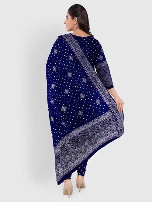 Blue Lucknowi Bandhani Unstitched Suit in Modal Silk