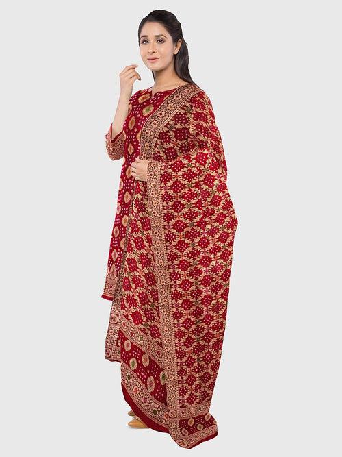 Red Banarasi Bandhani Unstitched Suit in Synthetic