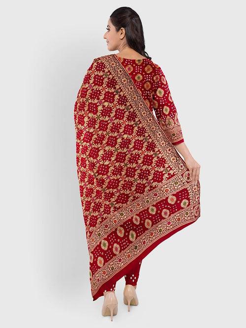 Red Banarasi Bandhani Unstitched Suit in Synthetic