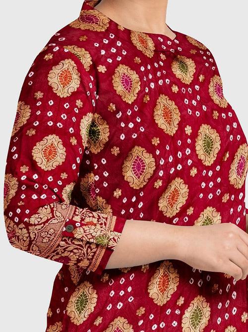 Red Banarasi Bandhani Unstitched Suit in Synthetic