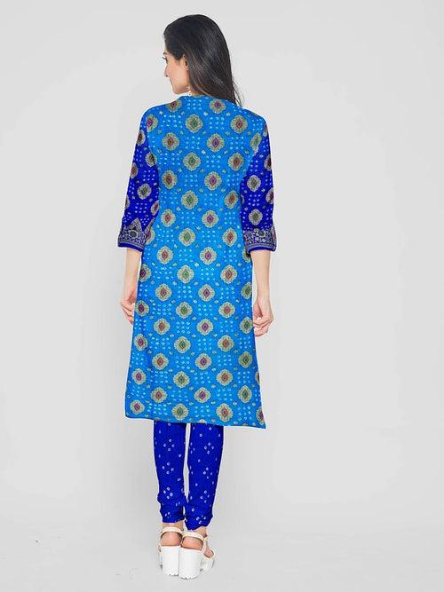 Firozi And Blue Banarasi Bandhani Unstitched Suit in Synthetic