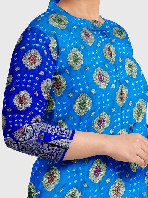 Firozi And Blue Banarasi Bandhani Unstitched Suit in Synthetic