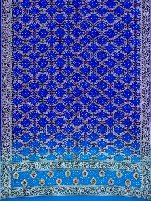 Firozi And Blue Banarasi Bandhani Unstitched Suit in Synthetic