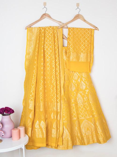 Yellow Banarasi Semi-Stitched Lehenga in Georgette