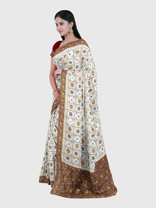 White And Maroon Embroidered Panetar Saree in Synthetic Gaji Silk