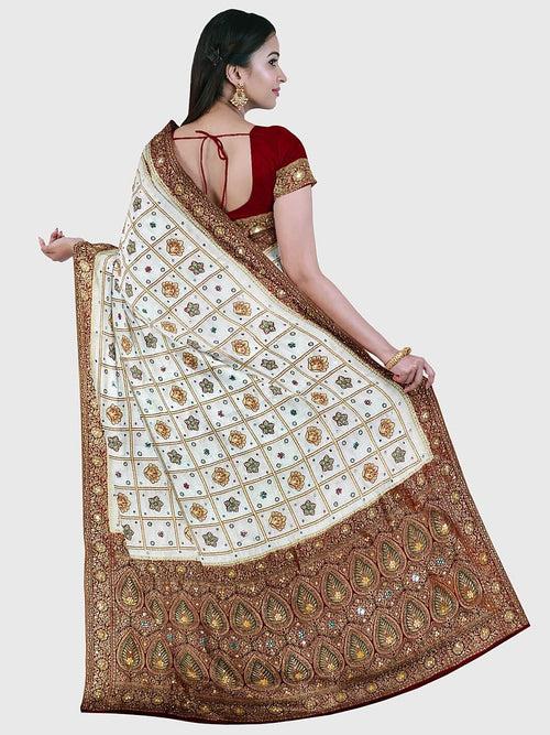 White And Maroon Embroidered Panetar Saree in Synthetic Gaji Silk