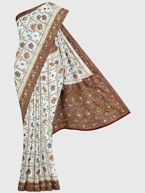 White And Maroon Embroidered Panetar Saree in Synthetic Gaji Silk