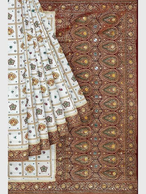 White And Maroon Embroidered Panetar Saree in Synthetic Gaji Silk