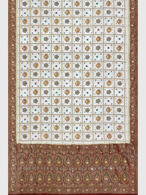 White And Maroon Embroidered Panetar Saree in Synthetic Gaji Silk