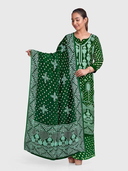 Green Lucknowi Bandhani Unstitched Suit in Modal Silk