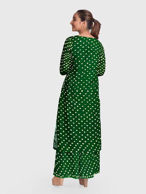 Green Lucknowi Bandhani Unstitched Suit in Modal Silk