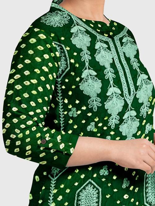 Green Lucknowi Bandhani Unstitched Suit in Modal Silk