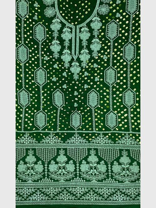 Green Lucknowi Bandhani Unstitched Suit in Modal Silk