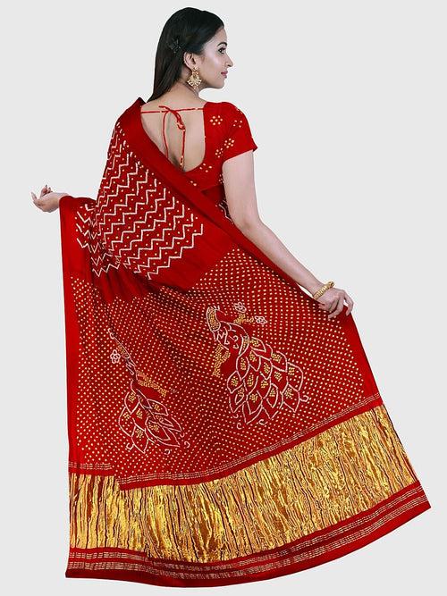 Red Traditional Bandhani Saree in Gaji Silk