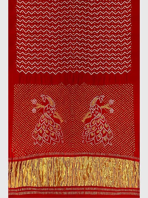 Red Traditional Bandhani Saree in Gaji Silk