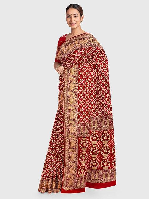 Red Jaal Bandhani Saree in Georgette