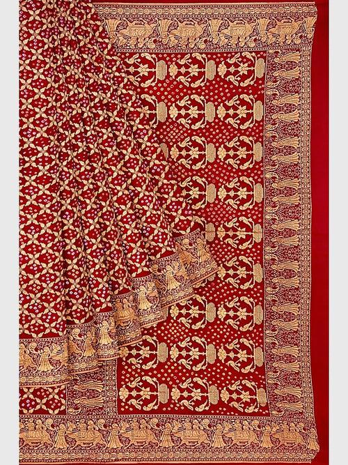 Red Jaal Bandhani Saree in Georgette