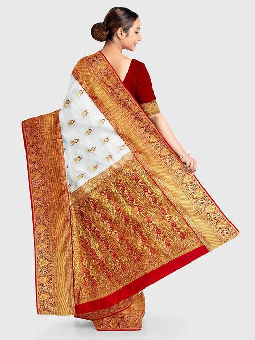 White And Red  Panetar Saree in Pure Silk