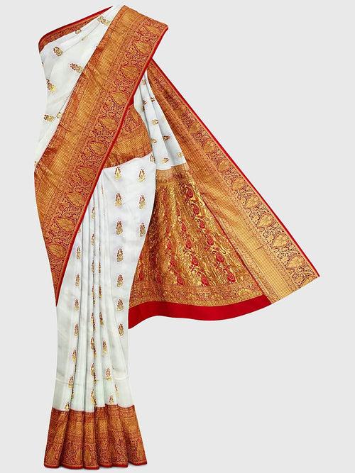 White And Red  Panetar Saree in Pure Silk