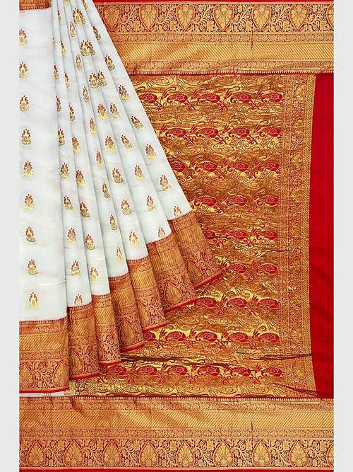 White And Red  Panetar Saree in Pure Silk