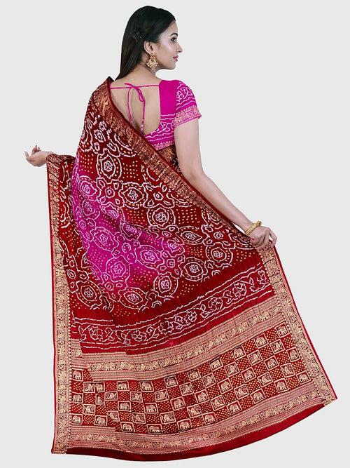 Pink And Red Banarasi Bandhani Saree in Gaji Silk