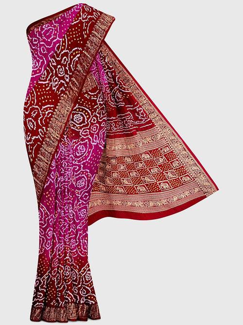 Pink And Red Banarasi Bandhani Saree in Gaji Silk