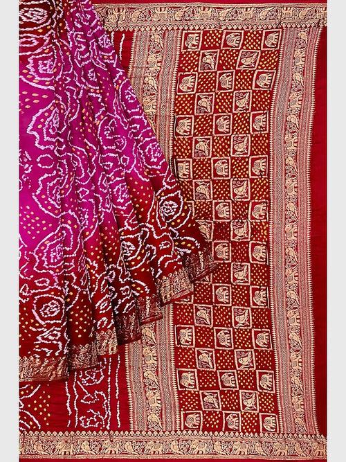 Pink And Red Banarasi Bandhani Saree in Gaji Silk