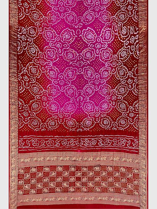 Pink And Red Banarasi Bandhani Saree in Gaji Silk