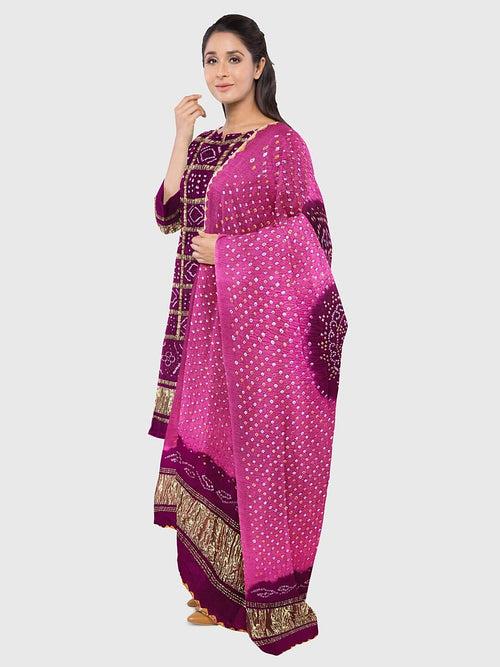 Baby Pink And Magenta Traditional Bandhani Unstitched Suit in Gaji Silk