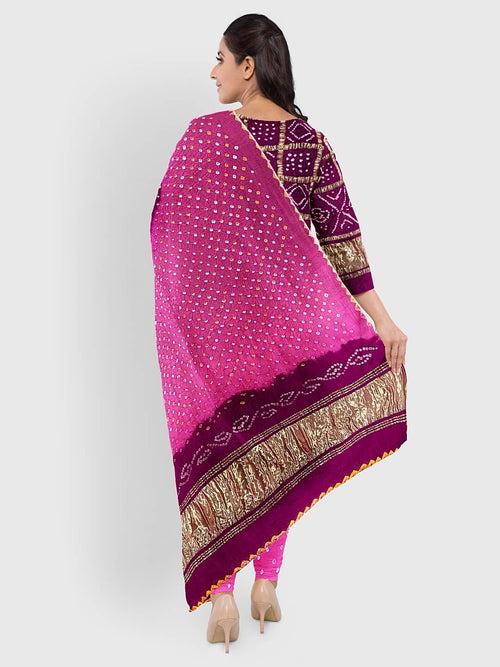 Baby Pink And Magenta Traditional Bandhani Unstitched Suit in Gaji Silk