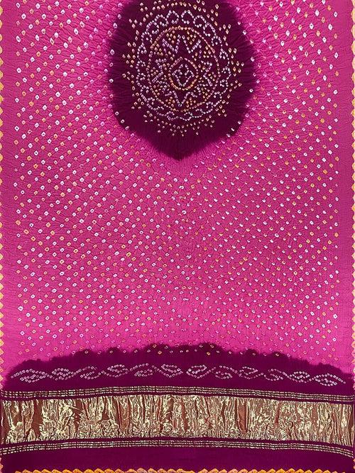 Baby Pink And Magenta Traditional Bandhani Unstitched Suit in Gaji Silk