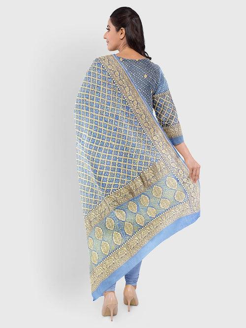 Blue Traditional Bandhani Unstitched Suit in Gaji Silk