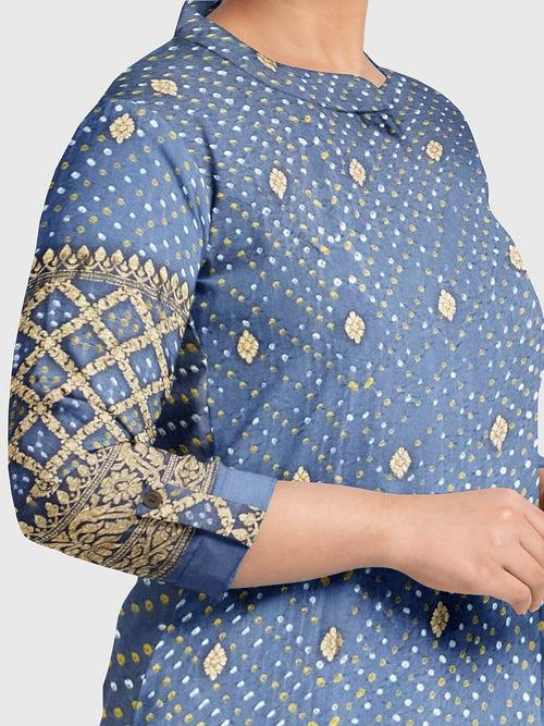 Blue Traditional Bandhani Unstitched Suit in Gaji Silk