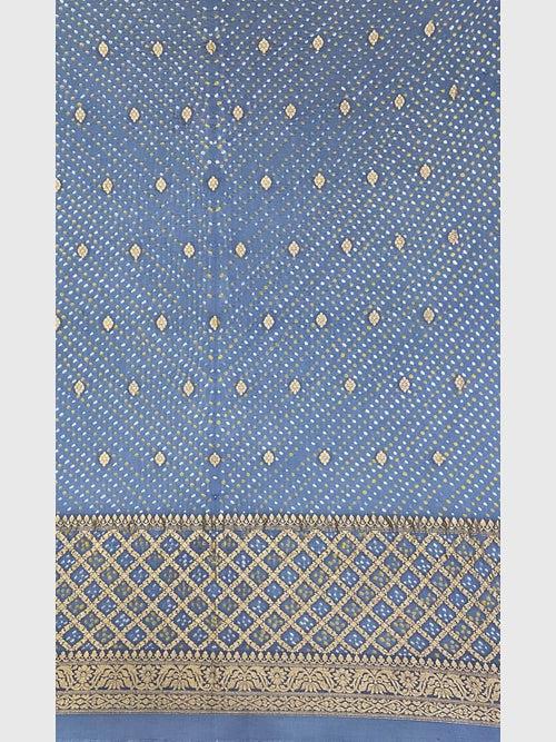 Blue Traditional Bandhani Unstitched Suit in Gaji Silk