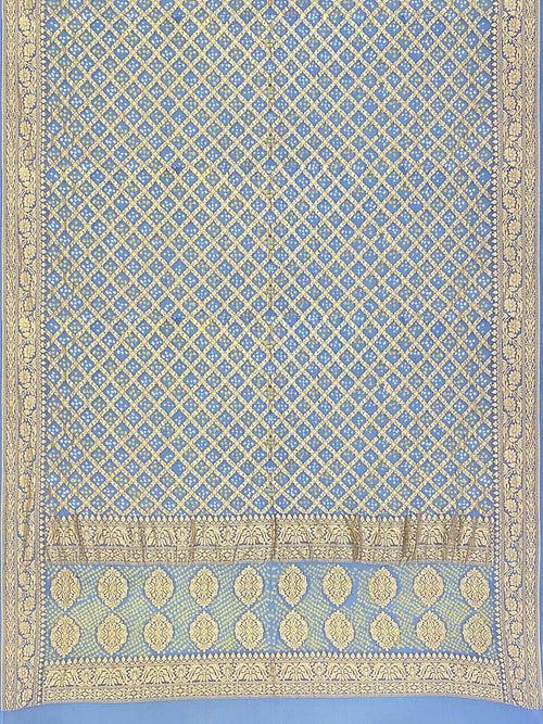 Blue Traditional Bandhani Unstitched Suit in Gaji Silk