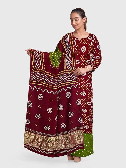 Maroon And Mehendi Traditional Bandhani Unstitched Suit in Gaji Silk