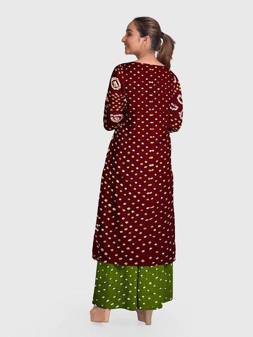 Maroon And Mehendi Traditional Bandhani Unstitched Suit in Gaji Silk