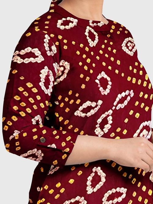 Maroon And Mehendi Traditional Bandhani Unstitched Suit in Gaji Silk