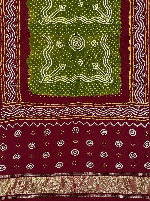 Maroon And Mehendi Traditional Bandhani Unstitched Suit in Gaji Silk