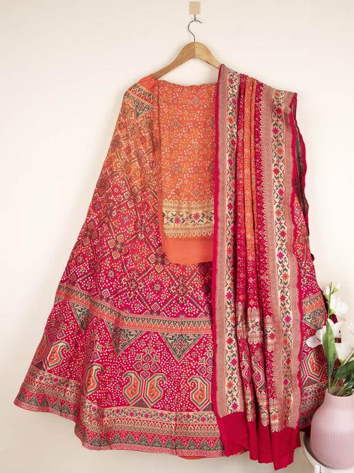 Orange And Red Bandhani Semi-Stitched Lehenga in Georgette