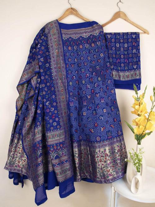 Blue Bandhani Semi-Stitched Lehenga in Georgette