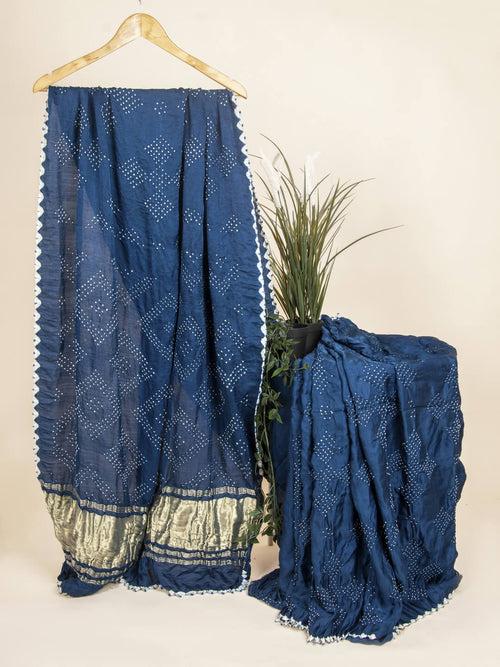 Navy Blue Traditional Bandhani Saree in Gaji Silk