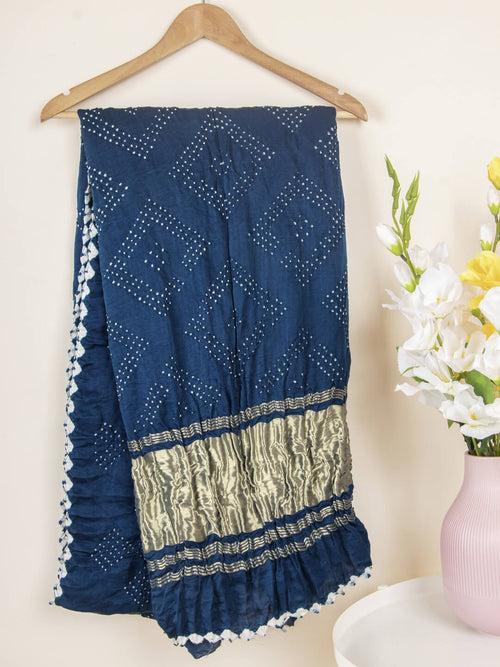 Navy Blue Traditional Bandhani Saree in Gaji Silk