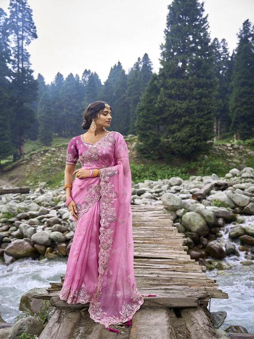 Pink Embroidered Banarasi Saree in Synthetic