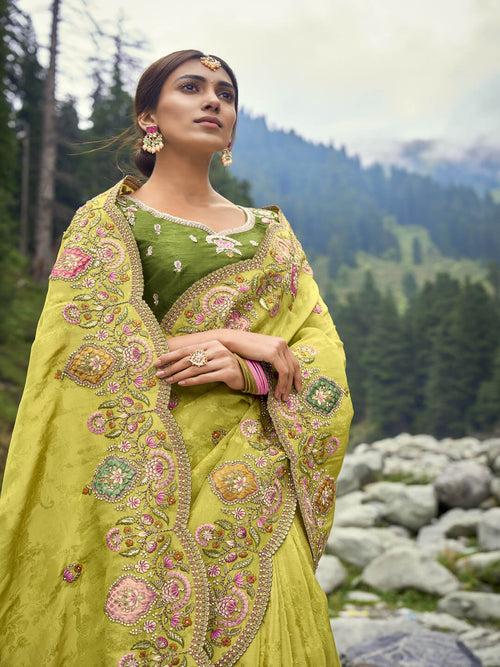 Parrot Embroidered Banarasi Saree in Synthetic