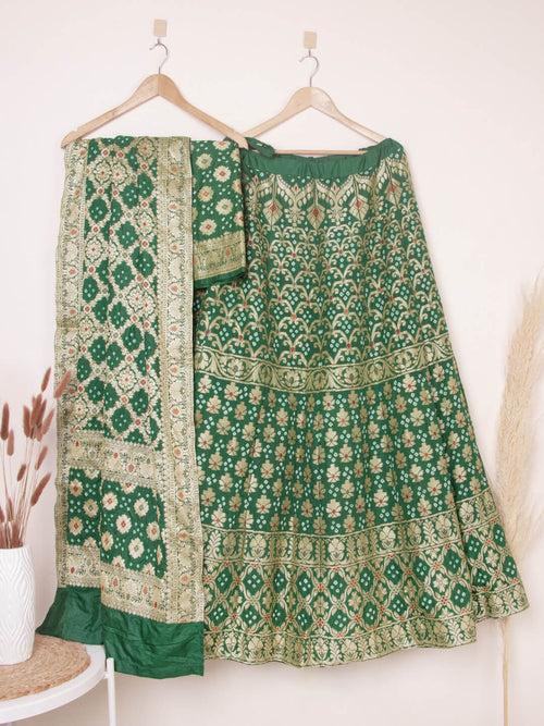 Green Bandhani Semi-Stitched Lehenga in Synthetic