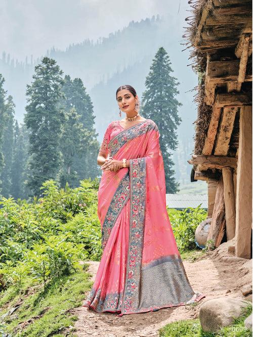 Baby Pink And Grey Embroidered Banarasi Saree in Synthetic