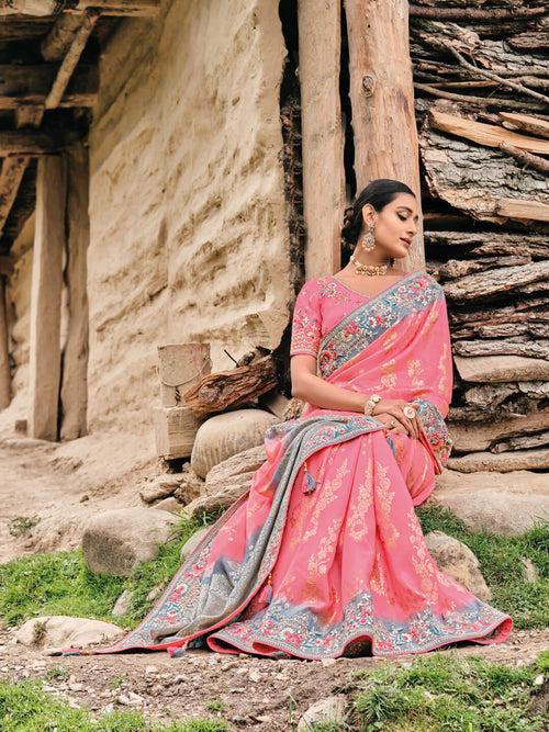 Baby Pink And Grey Embroidered Banarasi Saree in Synthetic